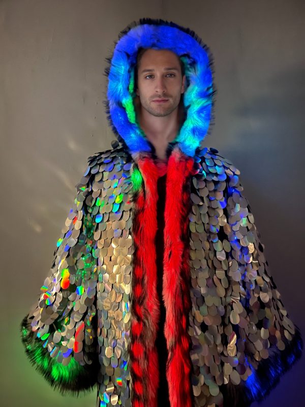 men's led faux fur coat with silvery large sequins, long and hooded, artificial fur winter coat. glowing clothing with flashing lights. suitable for festival parties, performances, various scenes, stage dance party wear (without batteries)