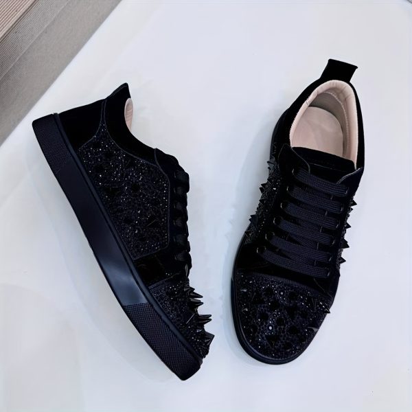 men's fashionable red bottomed casual shoes with rivet details lace up, round toe, low top design, synthetic cover, tpu sole for all day comfort perfect for casual attire and parties