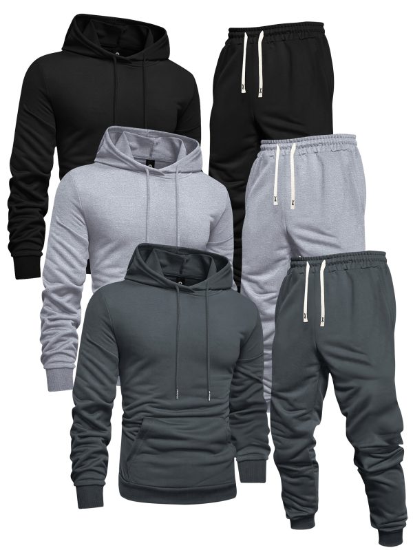 long sleeve 3 pack men's solid color casual sports hoodie and sweatpants set knit polyester, regular fit, elastic waist with drawstring springu002ffall athletic outfit