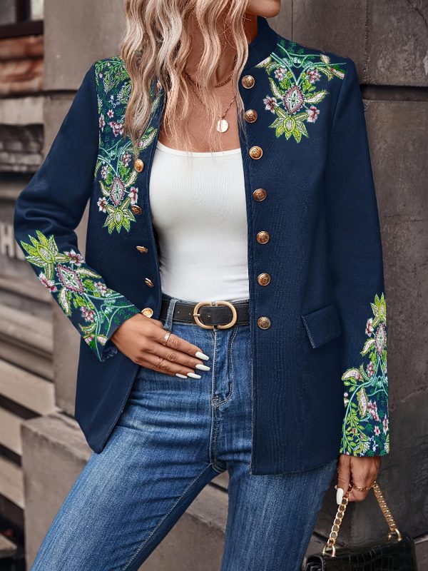 floral embroidered double breasted jacket, elegant long sleeve stand collar vintage jacket for spring & fall, women's clothing
