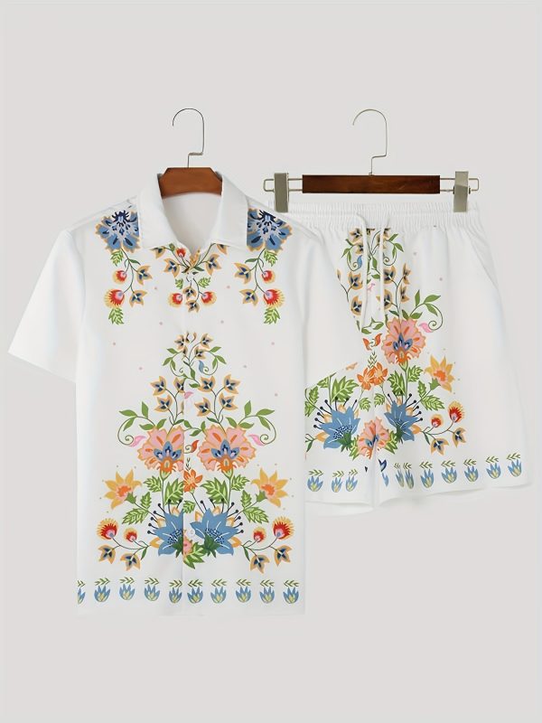 men's stylish floral print short sleeve shirt and drawstring shorts two piece outfit