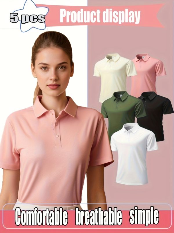 5pcs polo shirt 5pcs women's polo shirt set breathable, comfortable solid color short sleeve polo collar | casual attire, summer blouse, 145gsm