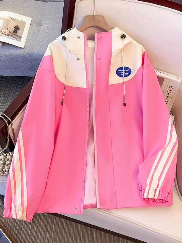 women's spring and autumn 2025 new sporty style jacket in candy color with contrasting side stripes, letter decals, hooded drawstring zipper cardigan jacket with pockets for casual all match wear