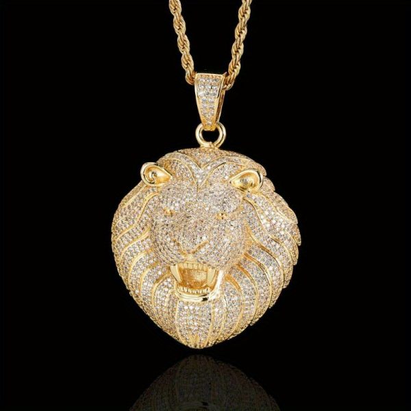 men's 18k golden plated hip hop moissanite lion head pendant necklace sparkling accents, luxury jewelry gift for birthdays, weddings, anniversaries, daily wear