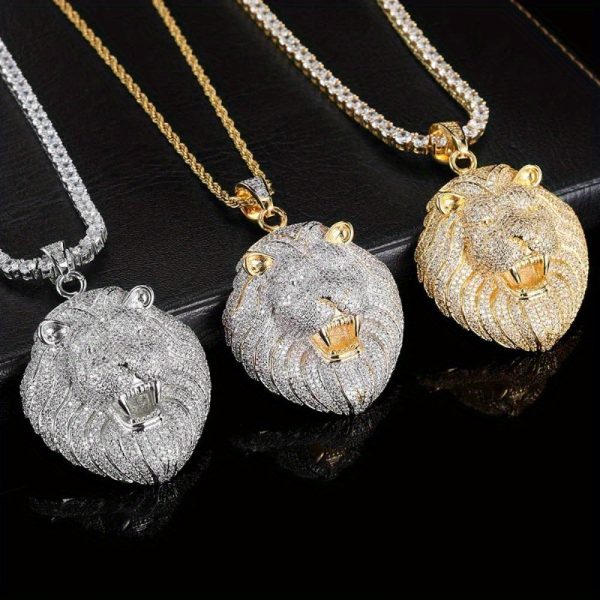 men's 18k golden plated hip hop moissanite lion head pendant necklace sparkling accents, luxury jewelry gift for birthdays, weddings, anniversaries, daily wear