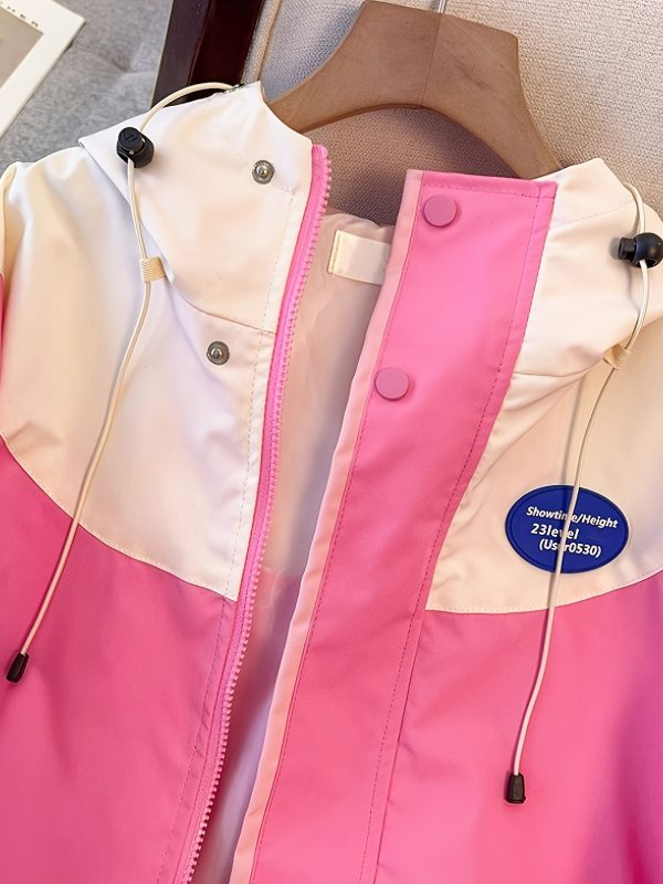 women's spring and autumn 2025 new sporty style jacket in candy color with contrasting side stripes, letter decals, hooded drawstring zipper cardigan jacket with pockets for casual all match wear