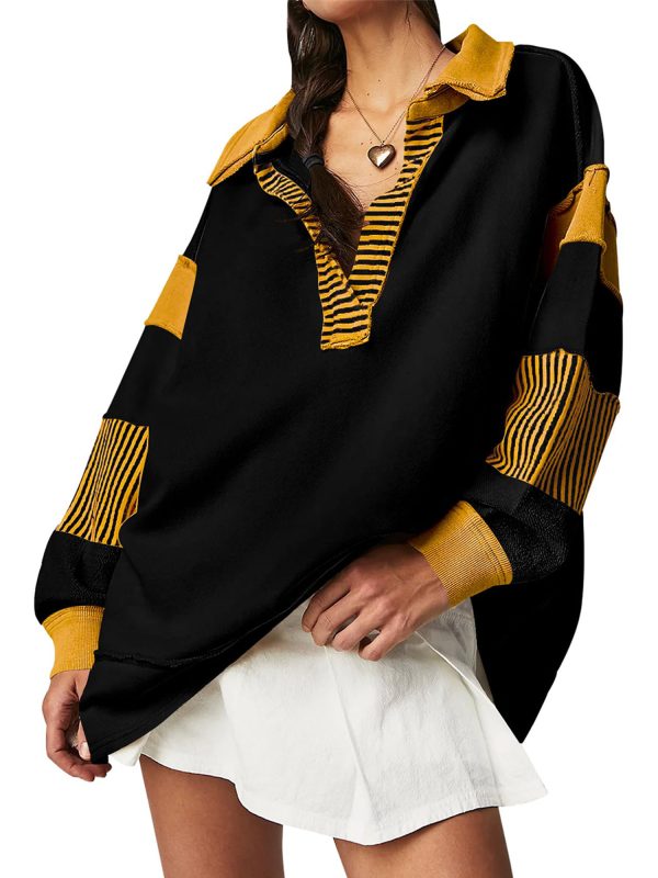 1pc chic v neck color block striped oversized sweatshirt women's long sleeve crewneck hoodie top, cotton blend, woven, preppy fallu002fspring pullover shirt