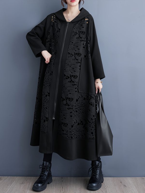 1pc japanese style women's casual long windbreaker loose fit fashion black hooded coat with contrast lace detail, polyester woven solid color outerwear for women suitable for springu002fautumn perfect gift for fashionable ladies