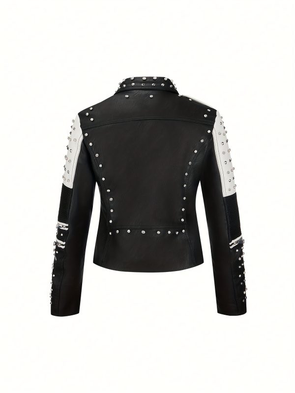 chic moto jacket chic black & white pu leather women's moto jacket rivet studded, long sleeve, zip up, diamond rivet details, viscoseu002fpolyester blend, casual outerwear for spring & fall with belt
