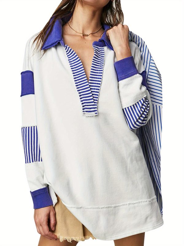 women loose shirt contrast colors striped long sleeve tops casual pullover for fall club streetwear aesthetic clothes