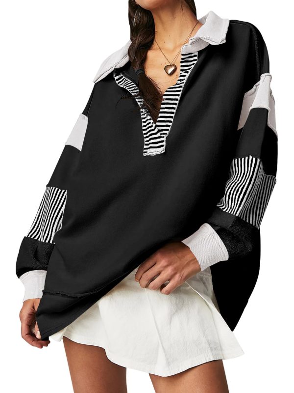 1pc chic v neck color block striped oversized sweatshirt women's long sleeve crewneck hoodie top, cotton blend, woven, preppy fallu002fspring pullover shirt
