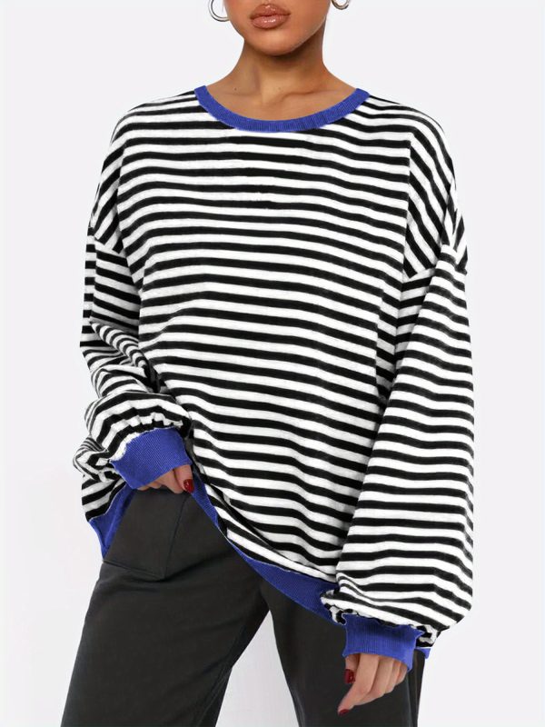women's striped sweatshirt contrast color long sleeve round neck oversized casual pullover tops