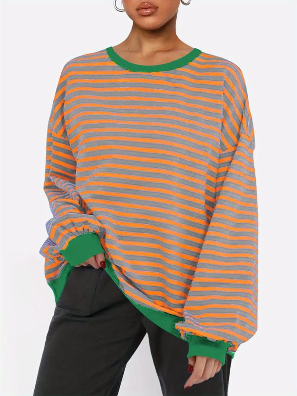 women's striped sweatshirt contrast color long sleeve round neck oversized casual pullover tops