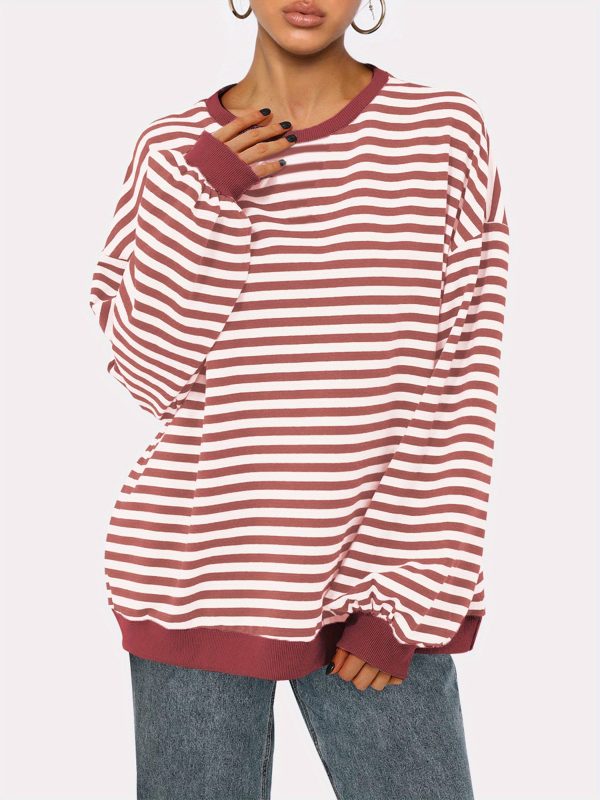 women's striped sweatshirt contrast color long sleeve round neck oversized casual pullover tops