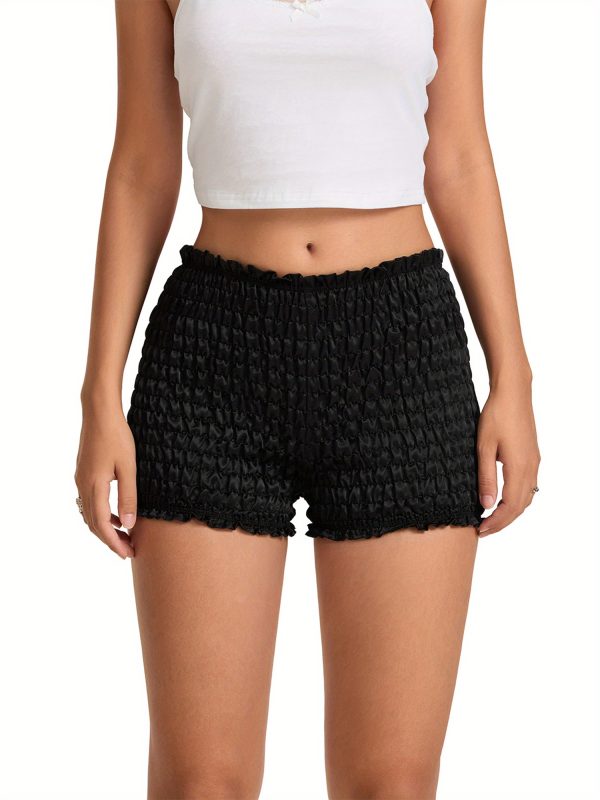 women's summer low rise casual shorts with elastic waistband & ruched detailing solid color non see through fabric, faux button closure, versatile for casual attire