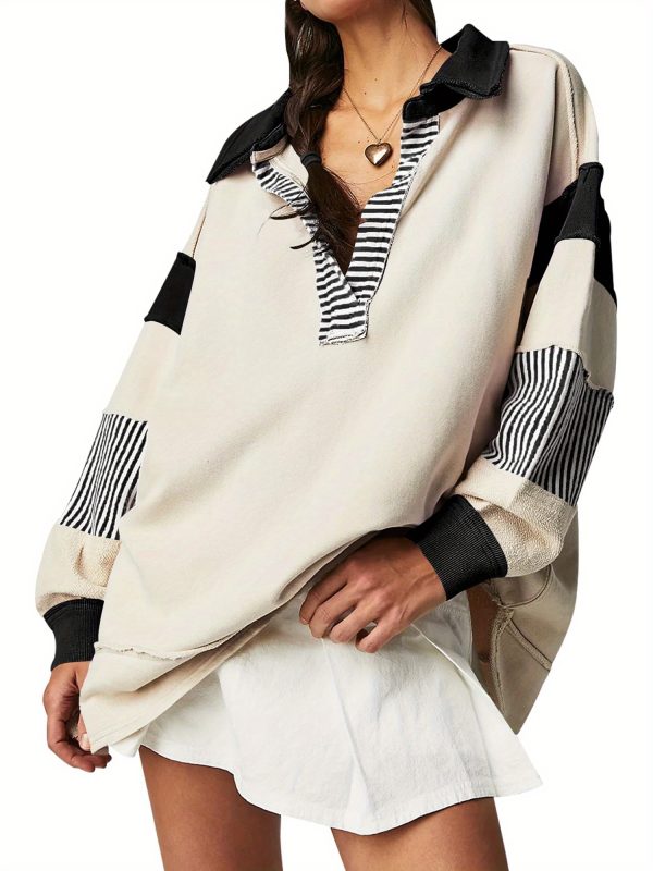 1pc chic v neck color block striped oversized sweatshirt women's long sleeve crewneck hoodie top, cotton blend, woven, preppy fallu002fspring pullover shirt