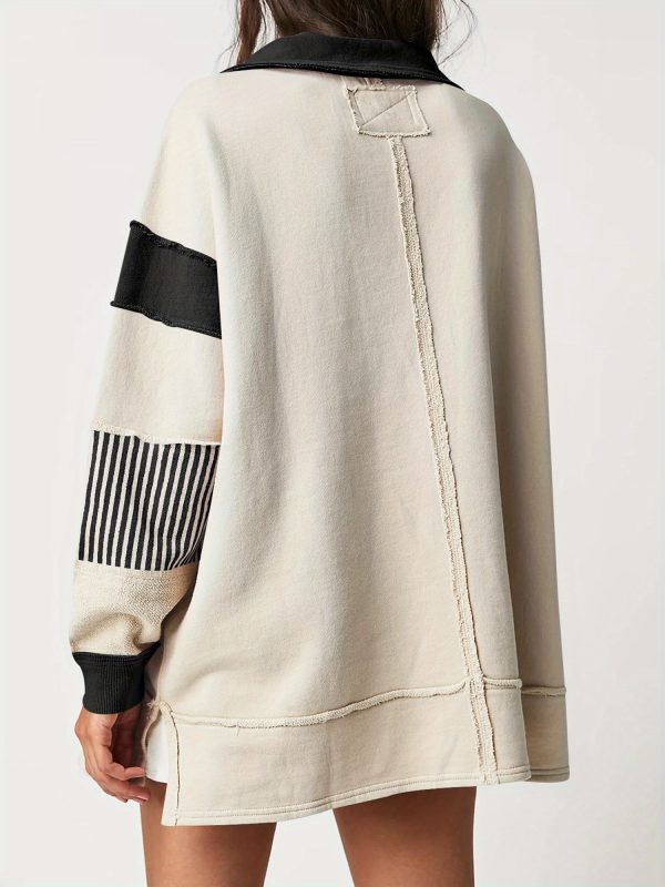 1pc chic v neck color block striped oversized sweatshirt women's long sleeve crewneck hoodie top, cotton blend, woven, preppy fallu002fspring pullover shirt