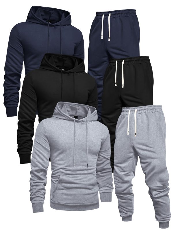 long sleeve 3 pack men's solid color casual sports hoodie and sweatpants set knit polyester, regular fit, elastic waist with drawstring springu002ffall athletic outfit
