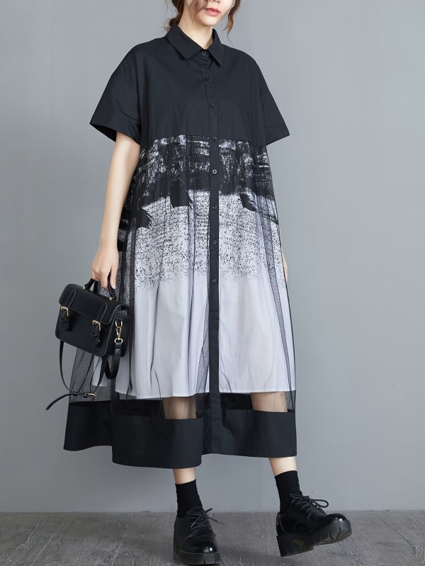 floral midi dress floral a line midi dress | women's casual short sleeve, button up collar, black to white gradient, loose fit for all seasons with sheer mesh panel