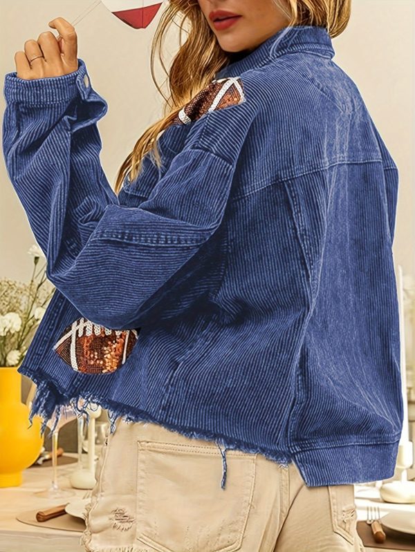 women's distressed cropped corduroy jacket button down vintage football sequin short shacket with pockets