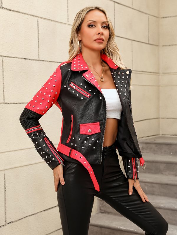 chic moto jacket chic black & white pu leather women's moto jacket rivet studded, long sleeve, zip up, diamond rivet details, viscoseu002fpolyester blend, casual outerwear for spring & fall with belt