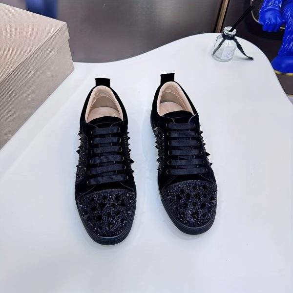 men's fashionable red bottomed casual shoes with rivet details lace up, round toe, low top design, synthetic cover, tpu sole for all day comfort perfect for casual attire and parties