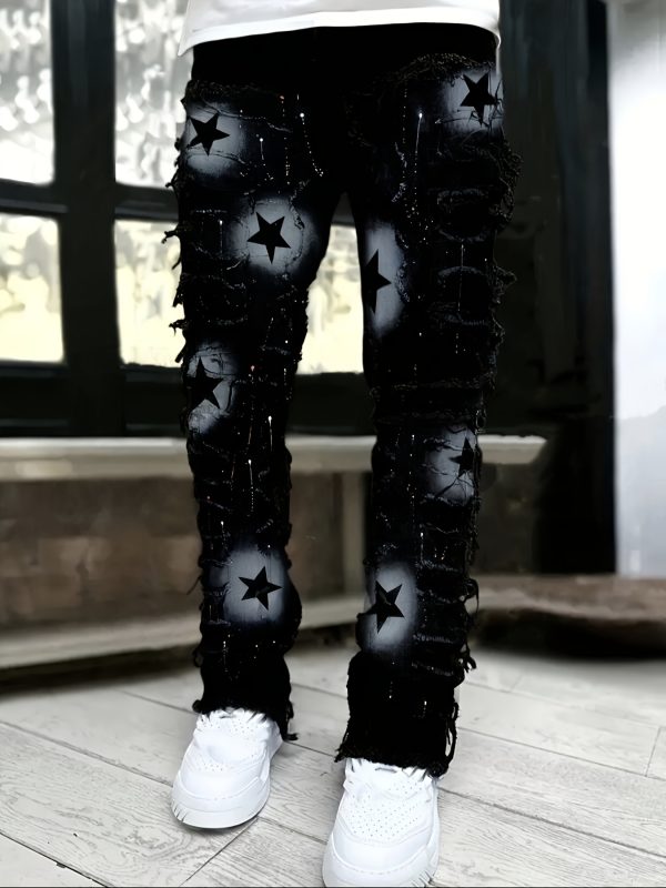 men's star print fashion layered tassel jeans