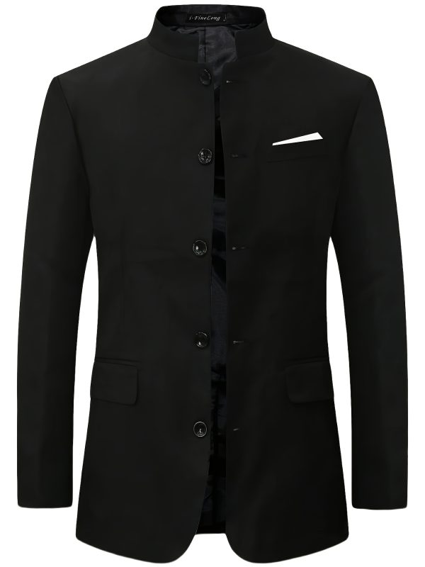men's classic black single breasted blazer with lapel collar & side pockets polyester tang suit jacket for business & formal occasions, long sleeve, glossy finish