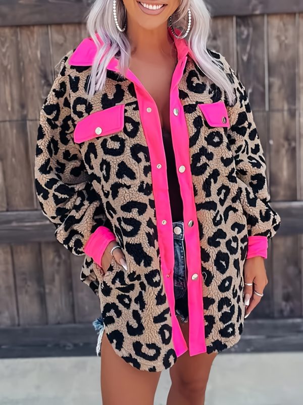 leopard print jacket stylish leopard print women's tweed jacket long sleeve outerwear with pink trim, button up front & faux pockets, polyester blend