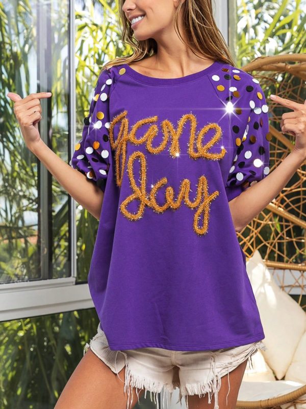 womens casual t shirt playful game day graphic tee polka dot sleeve design fashion purple gold letter print short puff sleeve round neck oversized loose fit athletic spirit wear team fan celebration top summer spring
