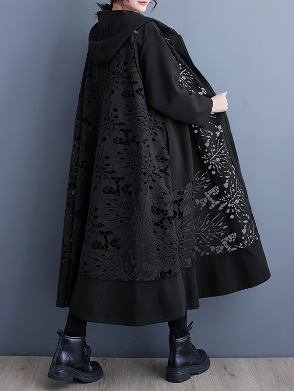 1pc japanese style women's casual long windbreaker loose fit fashion black hooded coat with contrast lace detail, polyester woven solid color outerwear for women suitable for springu002fautumn perfect gift for fashionable ladies