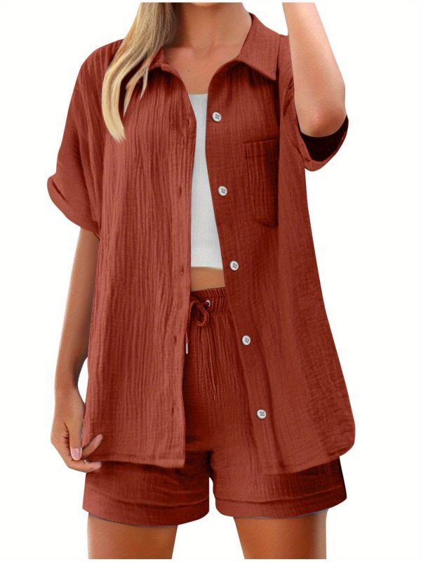 womens shorts shirts casual set short sleeve drop shoulder t shirt with drawstring pocket shorts solid color lounge outfit breathable two piece set elastic waist summer loungewear