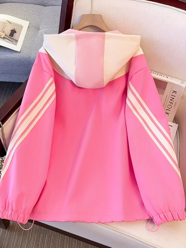 women's spring and autumn 2025 new sporty style jacket in candy color with contrasting side stripes, letter decals, hooded drawstring zipper cardigan jacket with pockets for casual all match wear