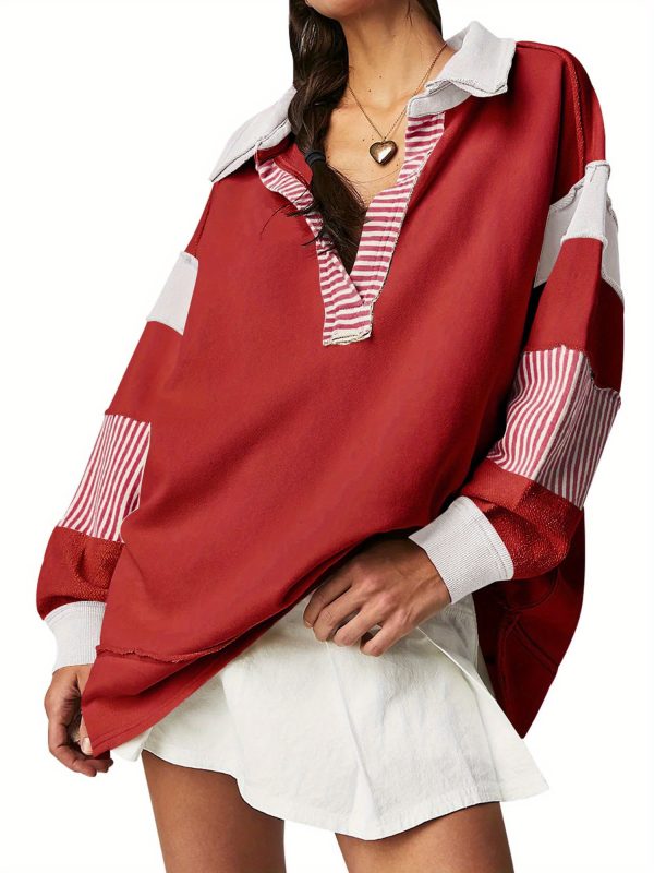 1pc chic v neck color block striped oversized sweatshirt women's long sleeve crewneck hoodie top, cotton blend, woven, preppy fallu002fspring pullover shirt
