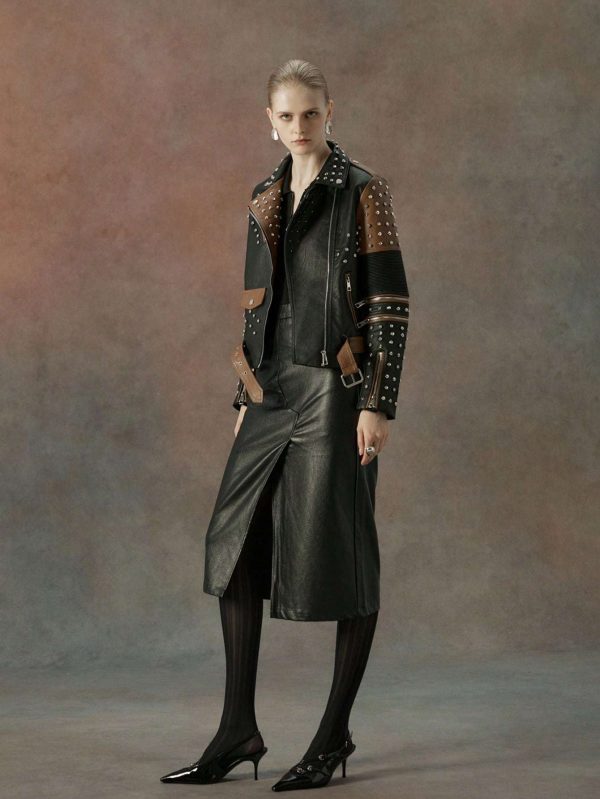 chic moto jacket chic black & white pu leather women's moto jacket rivet studded, long sleeve, zip up, diamond rivet details, viscoseu002fpolyester blend, casual outerwear for spring & fall with belt