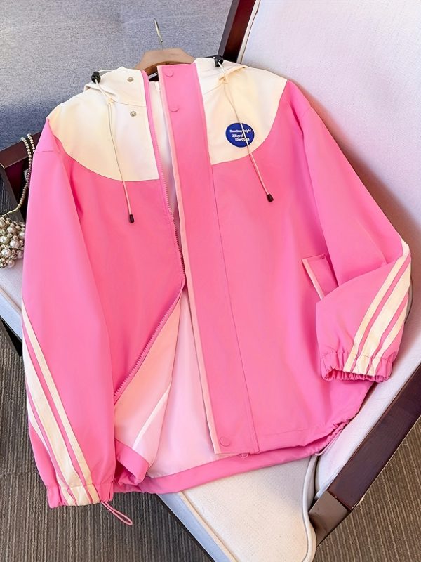 women's spring and autumn 2025 new sporty style jacket in candy color with contrasting side stripes, letter decals, hooded drawstring zipper cardigan jacket with pockets for casual all match wear