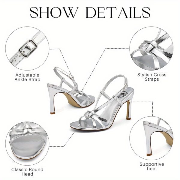 chic summer strappy heels round toe ankle wrap stiletto sandals with metal buckle, women's dressy footwear for date nights& clubwear, silvery