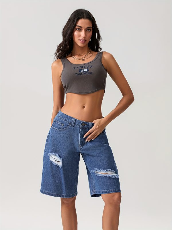 women's high waisted stretchy denim bermuda shorts trendy y2k style, loose fit with ripped detail, perfect for springu002fsummer