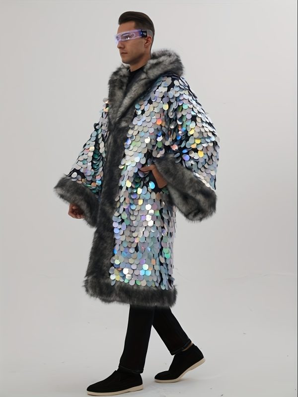 men's led faux fur coat with silvery large sequins, long and hooded, artificial fur winter coat. glowing clothing with flashing lights. suitable for festival parties, performances, various scenes, stage dance party wear (without batteries)