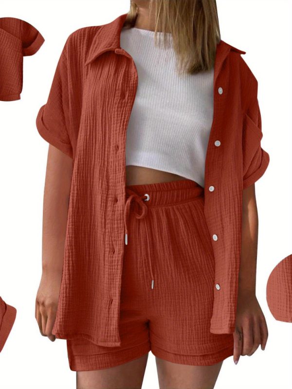 womens shorts shirts casual set short sleeve drop shoulder t shirt with drawstring pocket shorts solid color lounge outfit breathable two piece set elastic waist summer loungewear