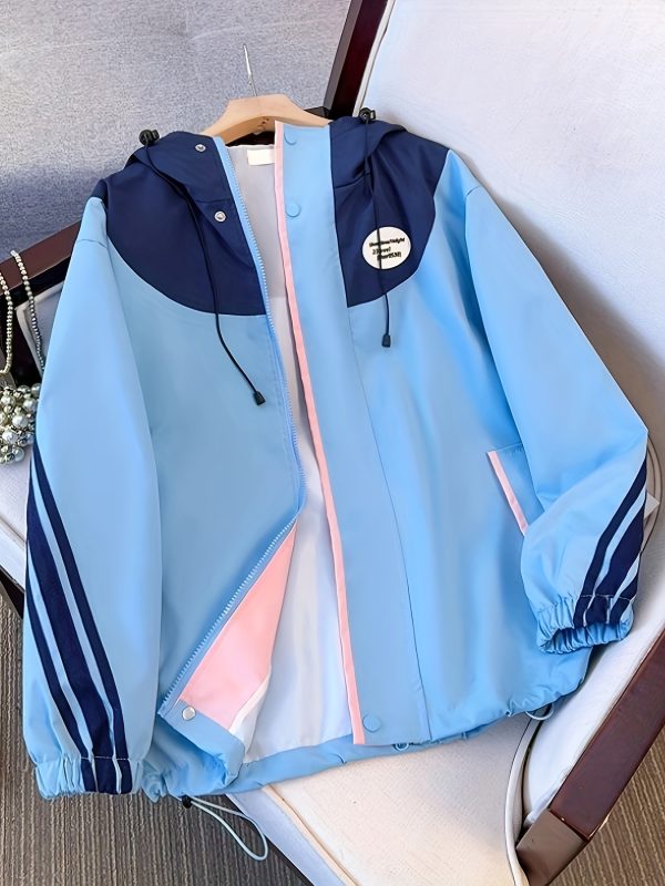 women's spring and autumn 2025 new sporty style jacket in candy color with contrasting side stripes, letter decals, hooded drawstring zipper cardigan jacket with pockets for casual all match wear