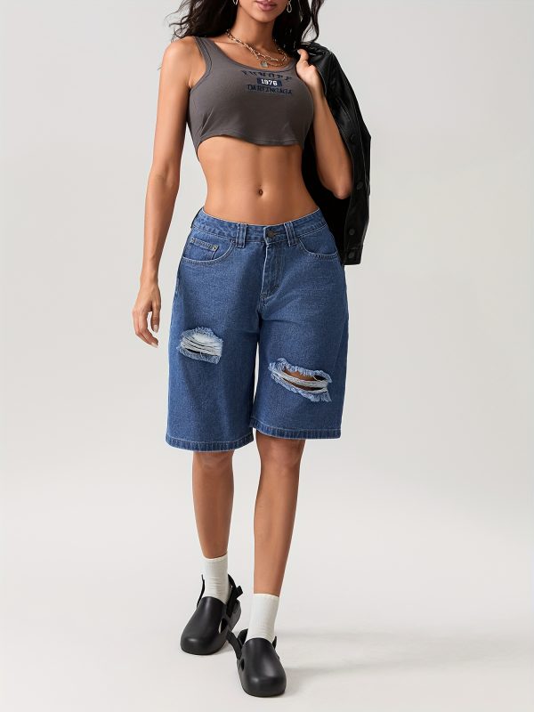 women's high waisted stretchy denim bermuda shorts trendy y2k style, loose fit with ripped detail, perfect for springu002fsummer