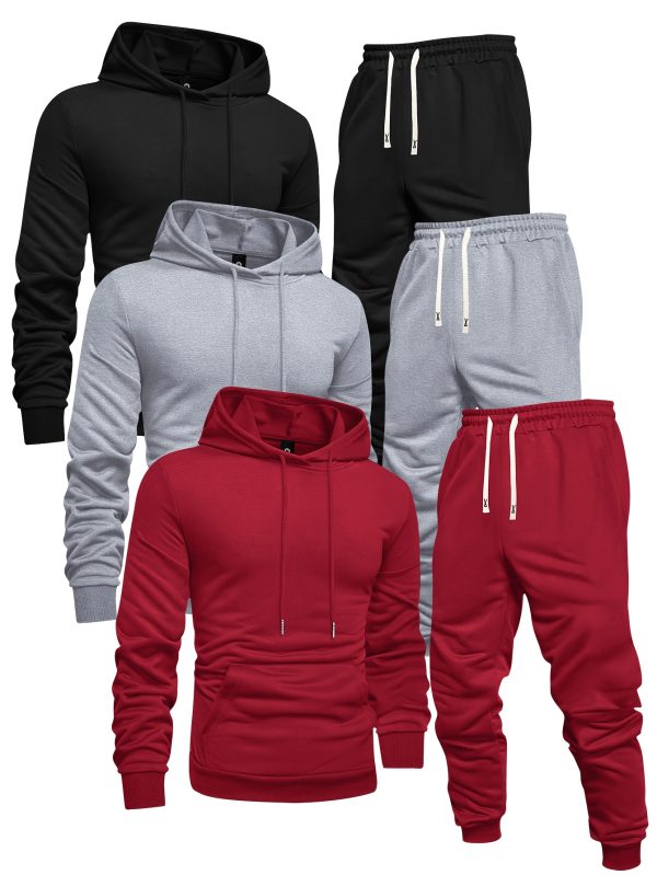 long sleeve 3 pack men's solid color casual sports hoodie and sweatpants set knit polyester, regular fit, elastic waist with drawstring springu002ffall athletic outfit