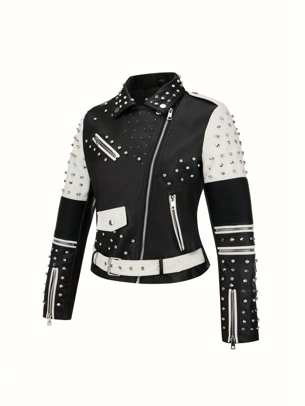 chic moto jacket chic black & white pu leather women's moto jacket rivet studded, long sleeve, zip up, diamond rivet details, viscoseu002fpolyester blend, casual outerwear for spring & fall with belt