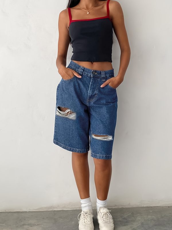 women's high waisted stretchy denim bermuda shorts trendy y2k style, loose fit with ripped detail, perfect for springu002fsummer