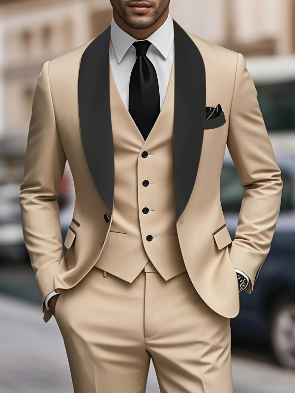 men's 3pcs suit, plain color green fruit collar suit with jacket and formal trousers, suitable for business gatherings, graduation ceremonies, weddings and parties