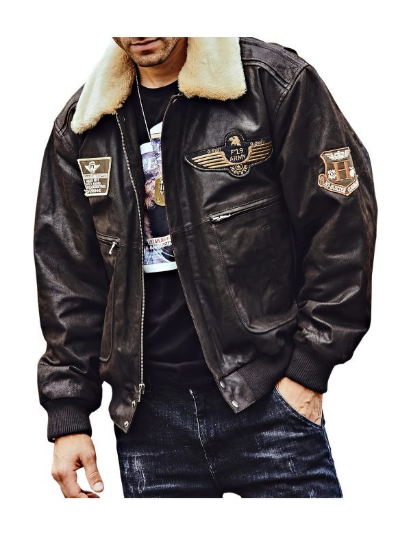 flavor men's real leather bomber jacket with removable faux fur polyester collar aviator