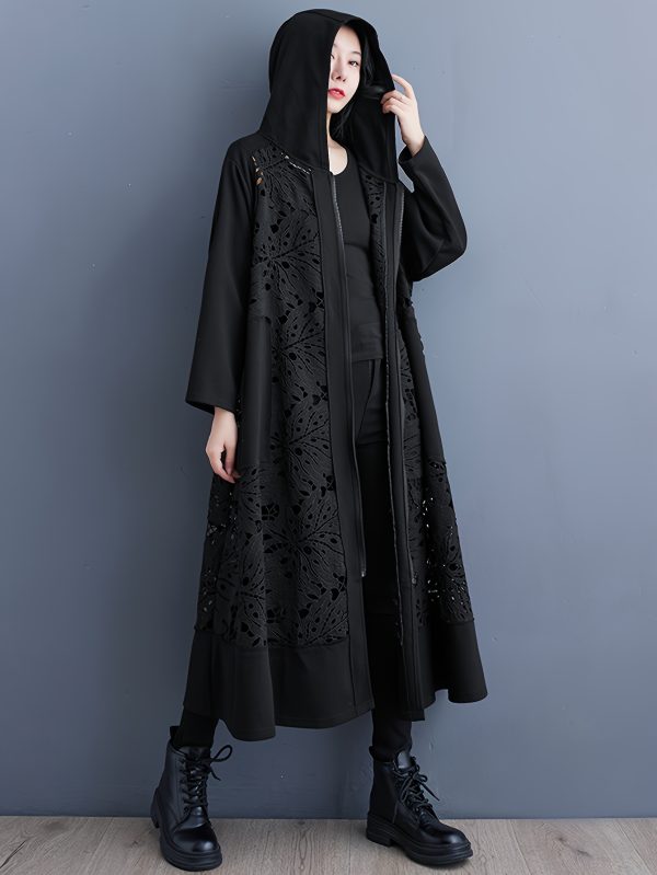 1pc japanese style women's casual long windbreaker loose fit fashion black hooded coat with contrast lace detail, polyester woven solid color outerwear for women suitable for springu002fautumn perfect gift for fashionable ladies
