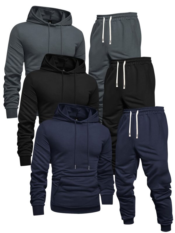 long sleeve 3 pack men's solid color casual sports hoodie and sweatpants set knit polyester, regular fit, elastic waist with drawstring springu002ffall athletic outfit