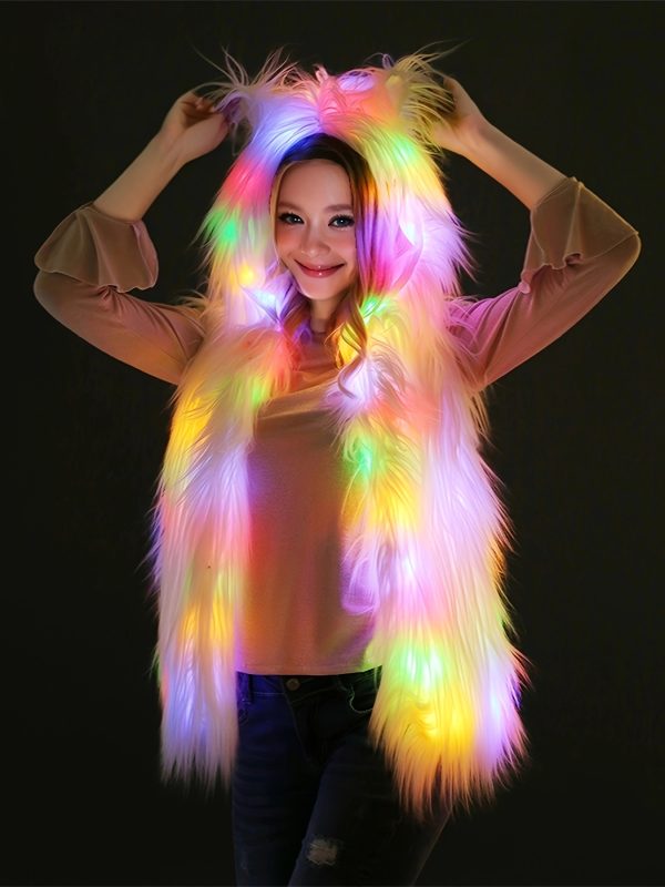 led faux fur vest light up women's led faux fur vest cosplay costume | long sleeves, glittery green to pink neon lights, perfect for halloween, carnival, easter, and stage performances (batteries not included)